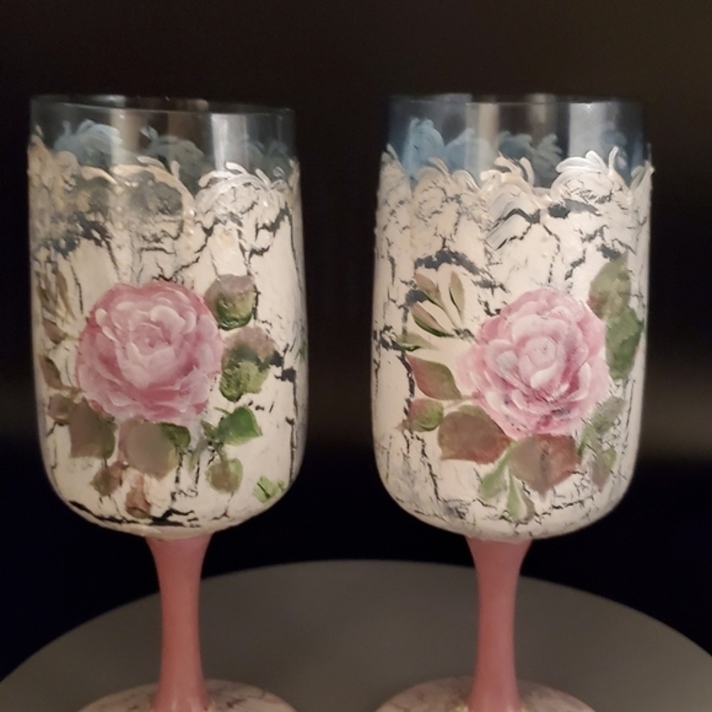 Pair of Hand painted crackle roses on small flutes